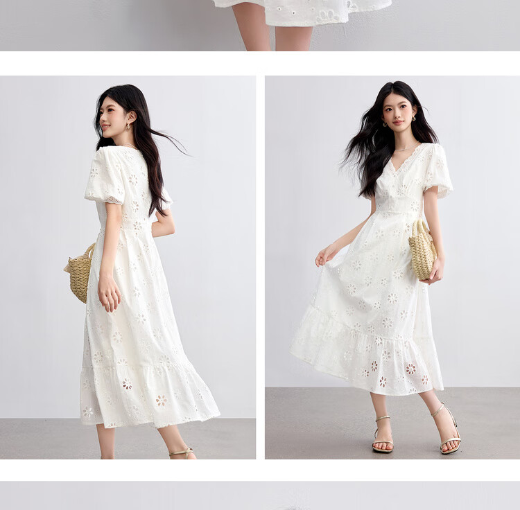 Sentubila Pure Cotton Lace V-Neck Lantern Sleeve White Dress for Women, Summer Elegant Pearl Button Embroidered A-Line Slimming Mid-Length Dress 17