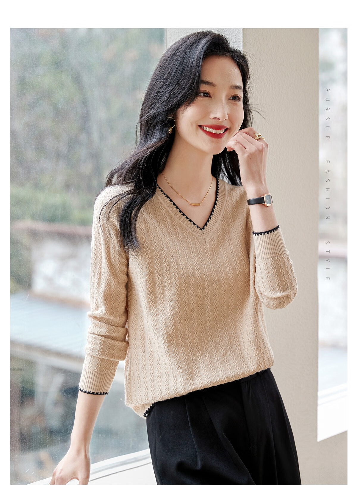 Chushen Women's Spring and Autumn Knitwear Fashionable Elegant V-Neck Color-Block Collar Long Sleeve Base Shirt S141Z3649 14