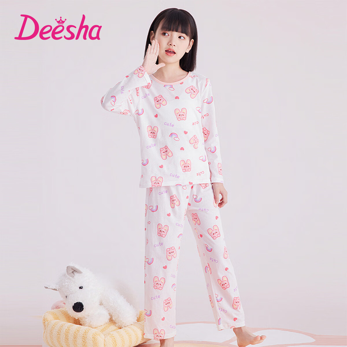 DEESHA Girls' Antibacterial Pure Cotton All-Season Base Layer Pajamas, Mesh Breathable Air Conditioning Wear, Home Wear Set for Older Childre