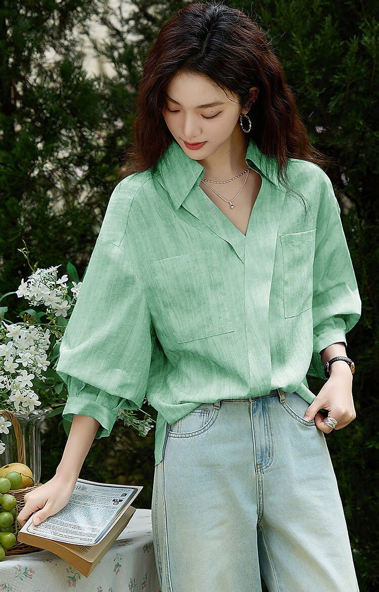 Dme [Art Student Outfit] Summer Artistic Gradient Lapel Shirt, Loose Comfortable Blouse, Women's Top 14