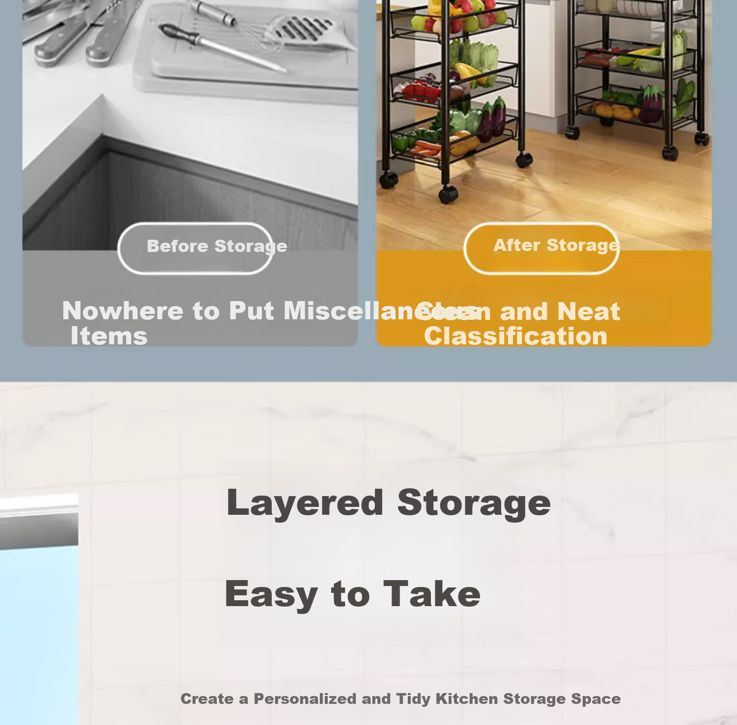 Jiuqiangu Multifunctional Kitchen Storage Rack, Floor-Standing Organizer, Mobile Storage Cart, Vegetable Shelf, Snack Rack 5694 3