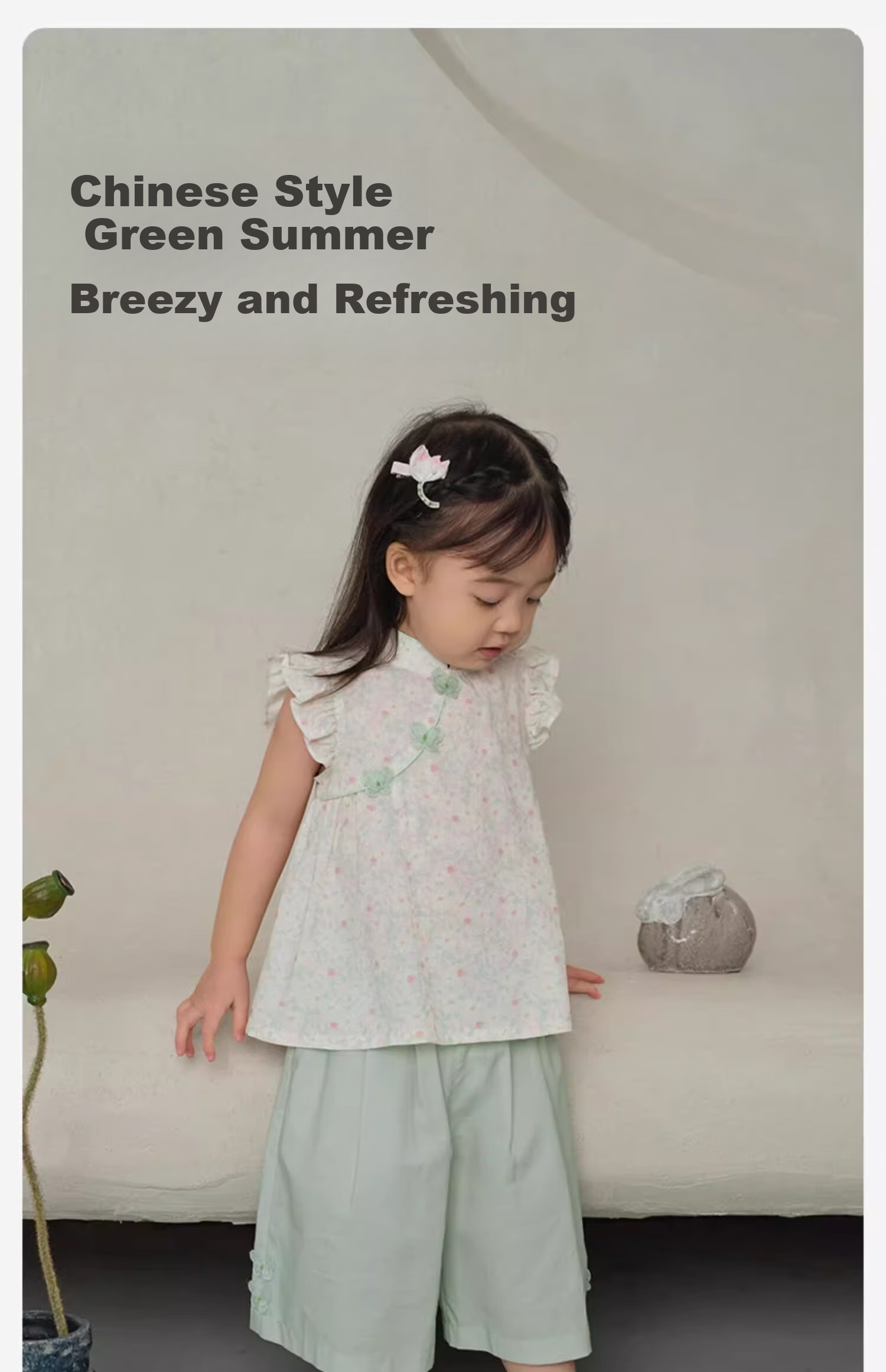 DAVE & BELLA Girls' Cooling Capri Pants Set, Summer Outfit for Older Children, Antibacterial Chinese Style Two-Piece Set 1