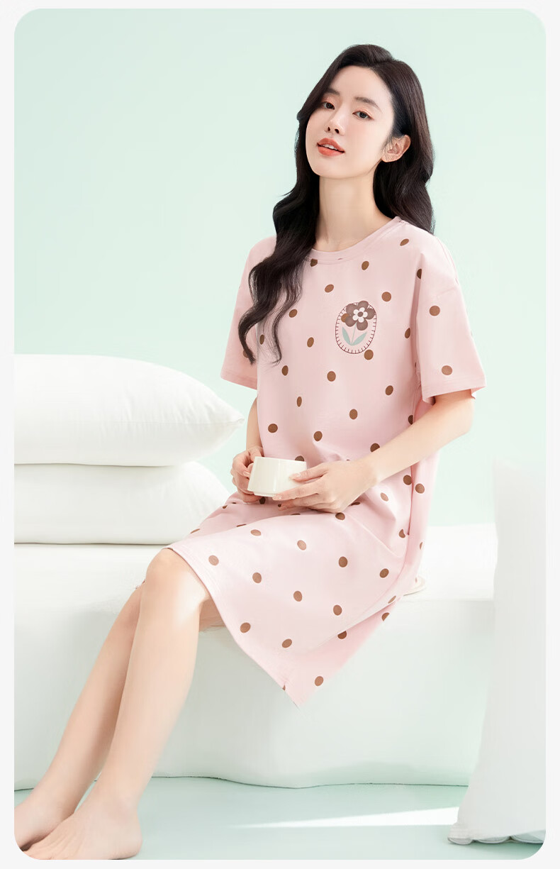 FENTENGCARE Women's Nightgown with Built-In Bra Pads, Round Neck Short Sleeve Short Skirt Polka Dot Breathable Dress Loungewear Gift for Girls 14