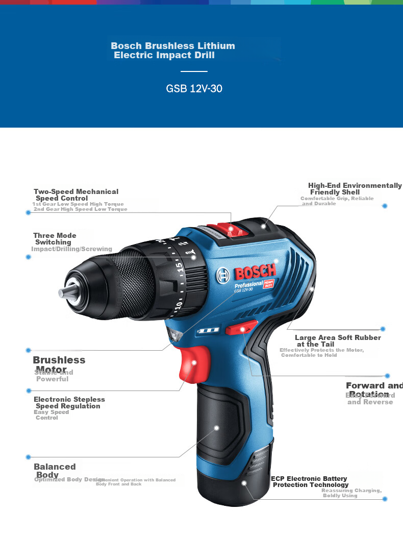 BOSCH Impact Drill Electric Screwdriver Hand Drill for Wood Steel Metal Drilling GSB 12V-30 12V Lithium Battery Dual Power 9