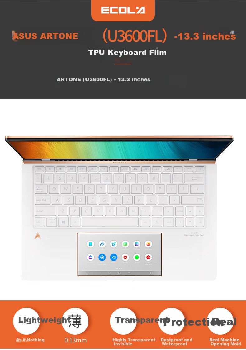 ECOLA ASUS ARTONE (U3600FL) 13.3-Inch 18K Gold-Plated Luxury Laptop Keyboard Cover, TPU Transparent Dustproof Waterproof EU029 3