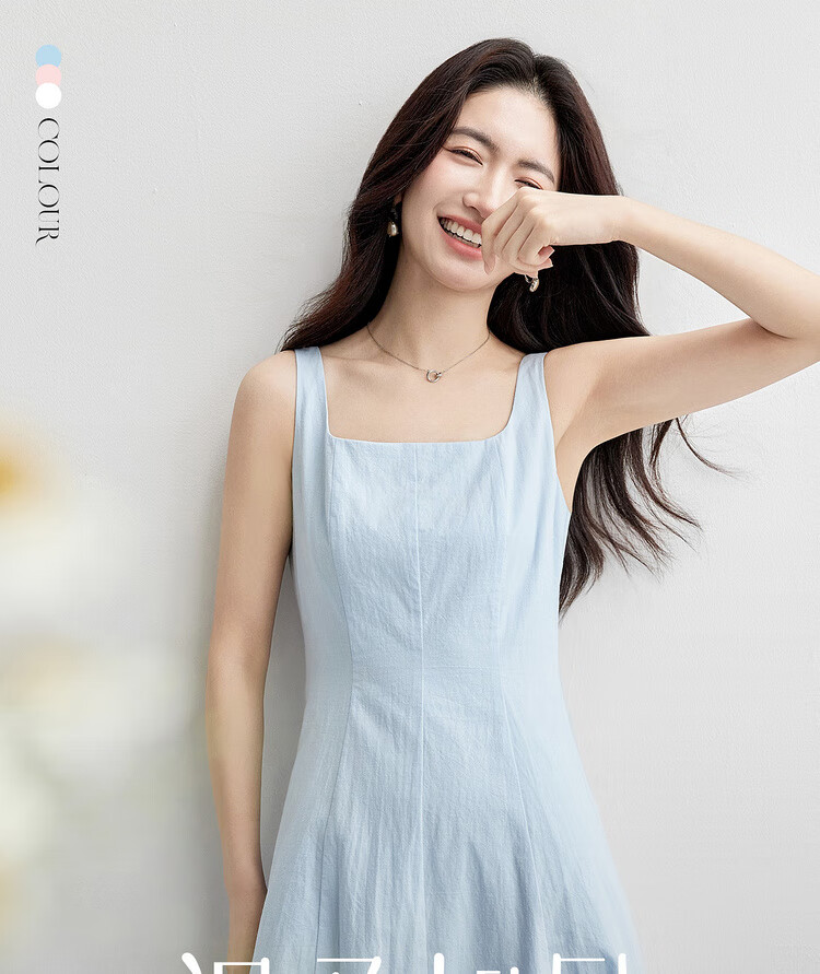 Shangdu Bila 100% Cotton A-Line Dress Women Summer Slim Waist Spaghetti Strap Square Neck Casual Mid-Length Dress 1