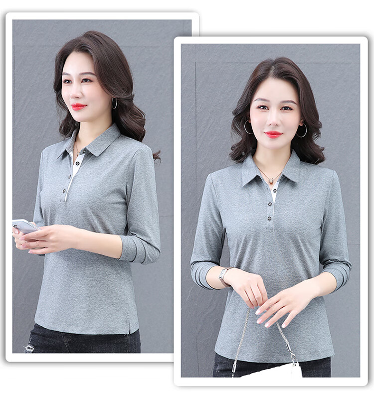 Woodpecker Women's Long Sleeve Cotton Polo Shirt, Spring Autumn New, Middle-aged Plus Size Casual Top, Gray, L 13