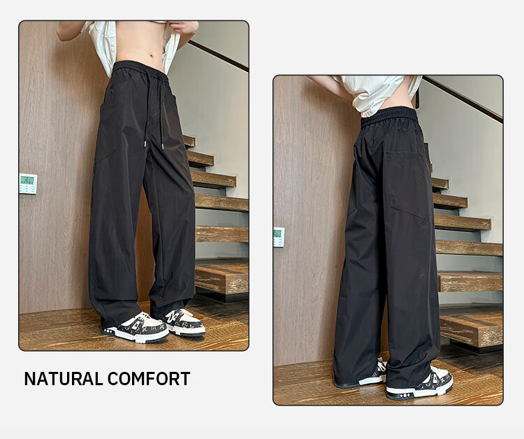 Homlean American-Style Curved Knife Casual Pants for Men, Summer Loose Trendy Wide-Leg Draping Heightening Straight-Leg Trousers GM07 Khaki M 5