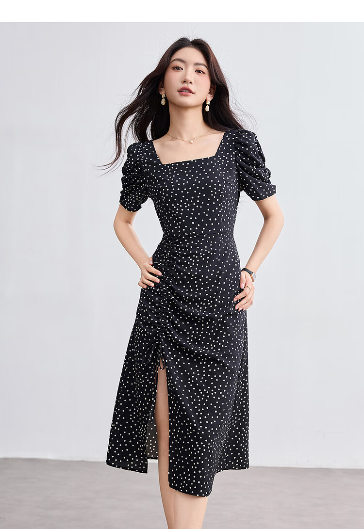 Sentubila French-Style Dress for Women, Summer Square Neckline, Ruched Sleeves, Vintage Polka Dot, Pleated Slit A-Line Skirt 14
