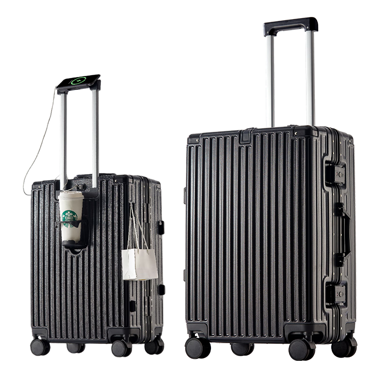 Jingsu Aluminum Frame Suitcase for Men And Women, 24-Inch Multifunctional Travel Luggage with Large Capacity, Password Lock, And Trolley Handle, Black