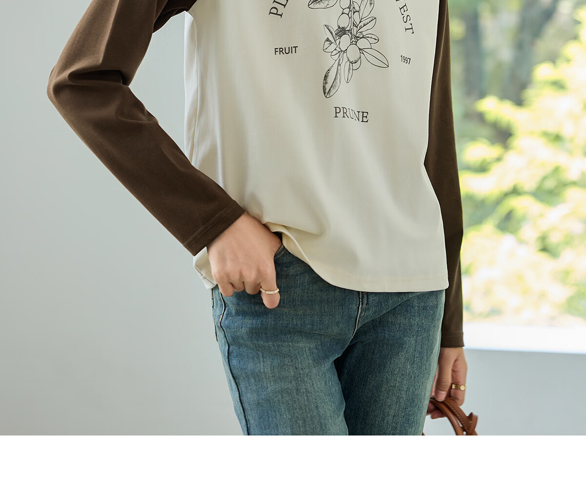 Chushen Spring And Autumn Long-Sleeve T-Shirt for Women, Wilderness Maillard Round Neck Contrasting Color Splicing Simple Loose Base Shirt S143T2022 20