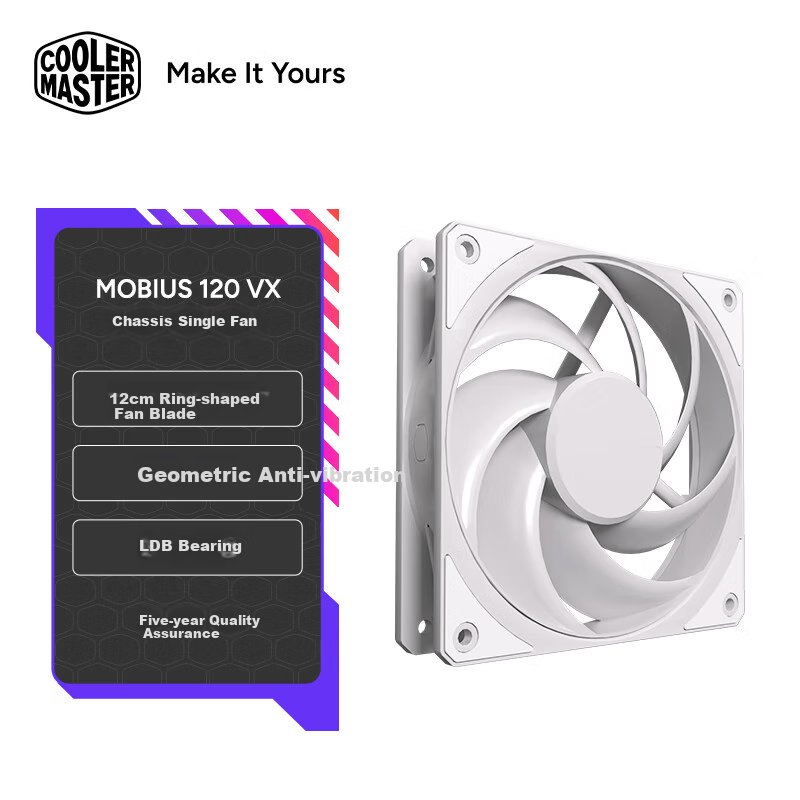 Вентилятор для корпуса CoolerMaster Mobius 120 White Edition, 120 мм, LDB подшипник, белый