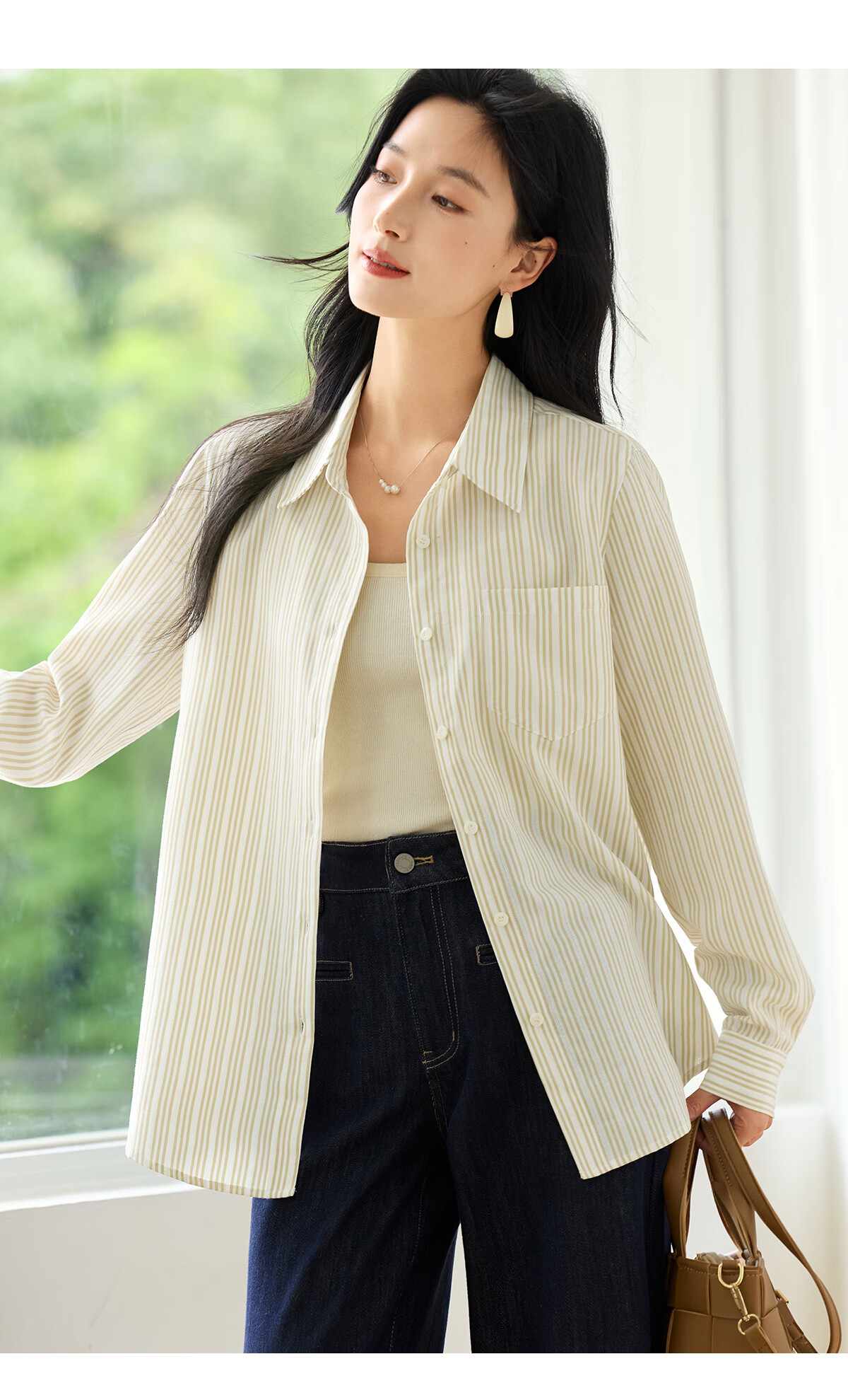 Chushen Women's Spring and Autumn Long Sleeve Shirt Fashion Vertical Striped Versatile Commuter Casual Blouse S53S021 11
