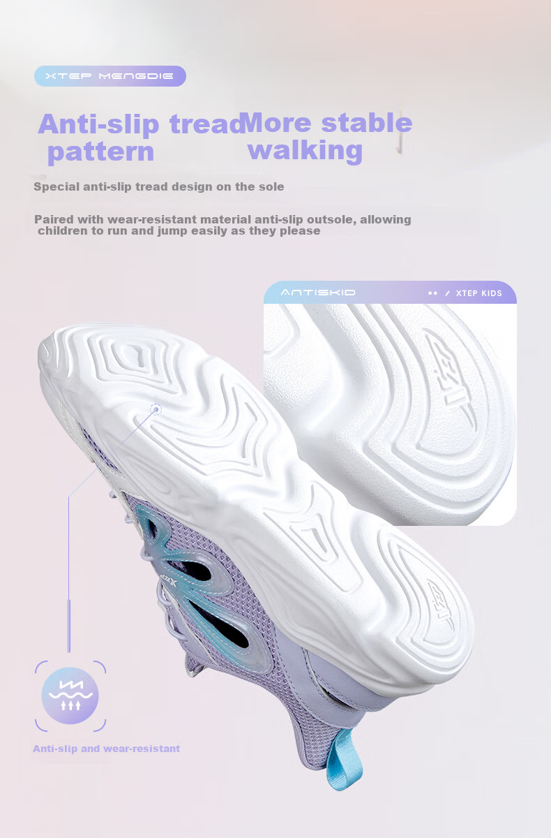 XTEP Children's Shoes for Girls, Big Kids Butterfly Wing Decoration with Tail Buckle Casual Shoes, Snow Purple, Size 38 5