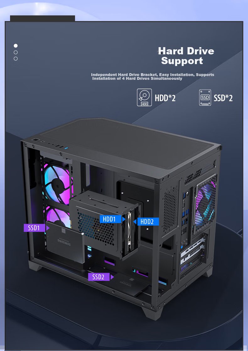Huntkey S960 Storm X Ice Blade Edition Black Panoramic View Seaside Case (Three-Sided Tempered Glass Panel/Left And Right Zones/360mm Water Cooling/9 Fan Positions/MATX Motherboard) 13