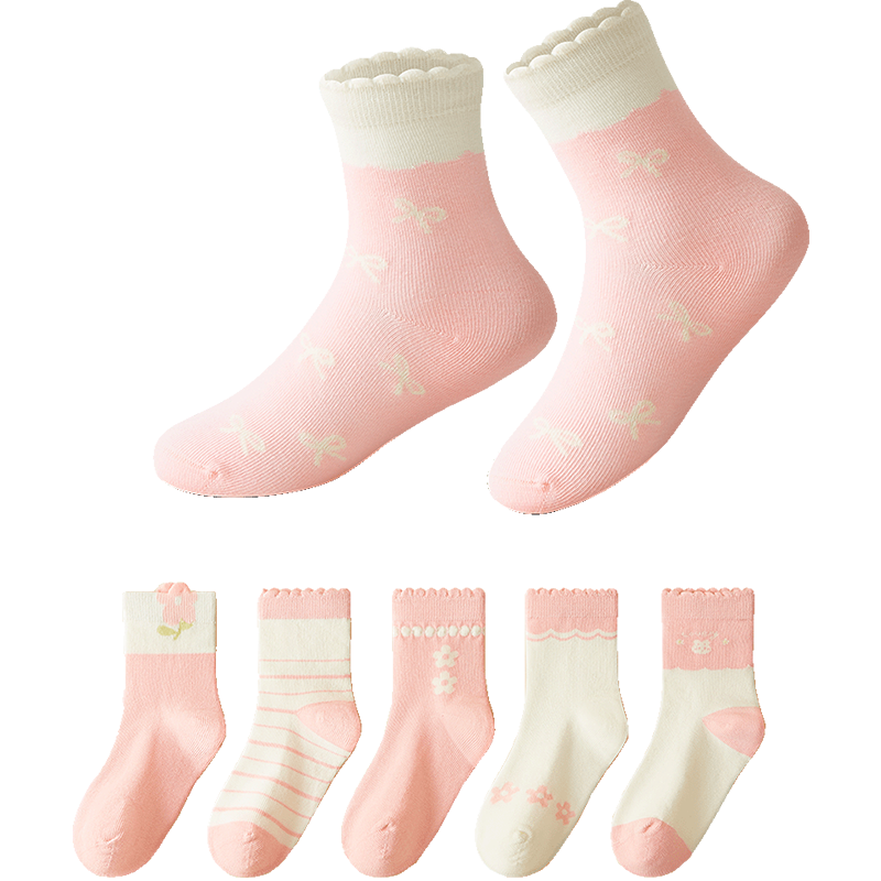 DEESHA 7A Antibacterial Girls' Socks, 5 Pairs, Seamless, Comfortable, Breathable, Anti-Pilling Cotton Socks for Kids, All-Season