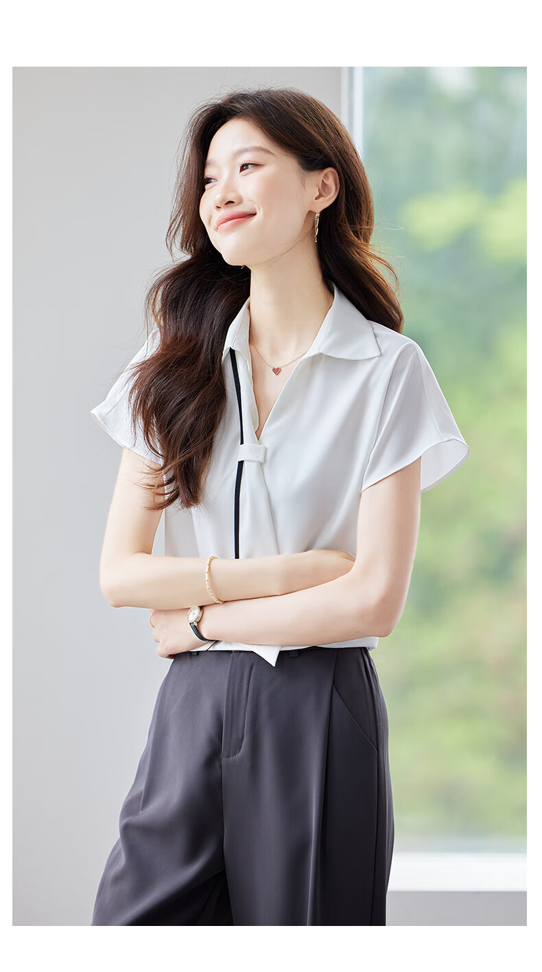 Jeanswest Women's Short Sleeve Shirt 2025 Summer High-End Design Ribbon Versatile Commuter Top White M 18