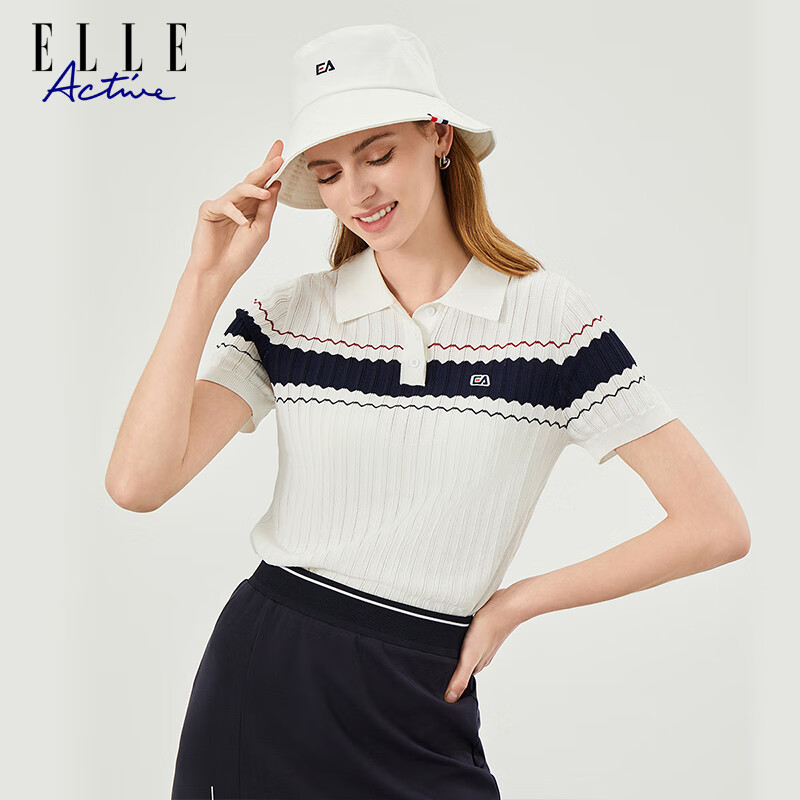 ELLE ACTIVE Fashion Contrasting Color Polo Shirt for Women, Knitted Collar Elegant Commuter Slimming Short-Sleeve T-Shirt Top, White, S