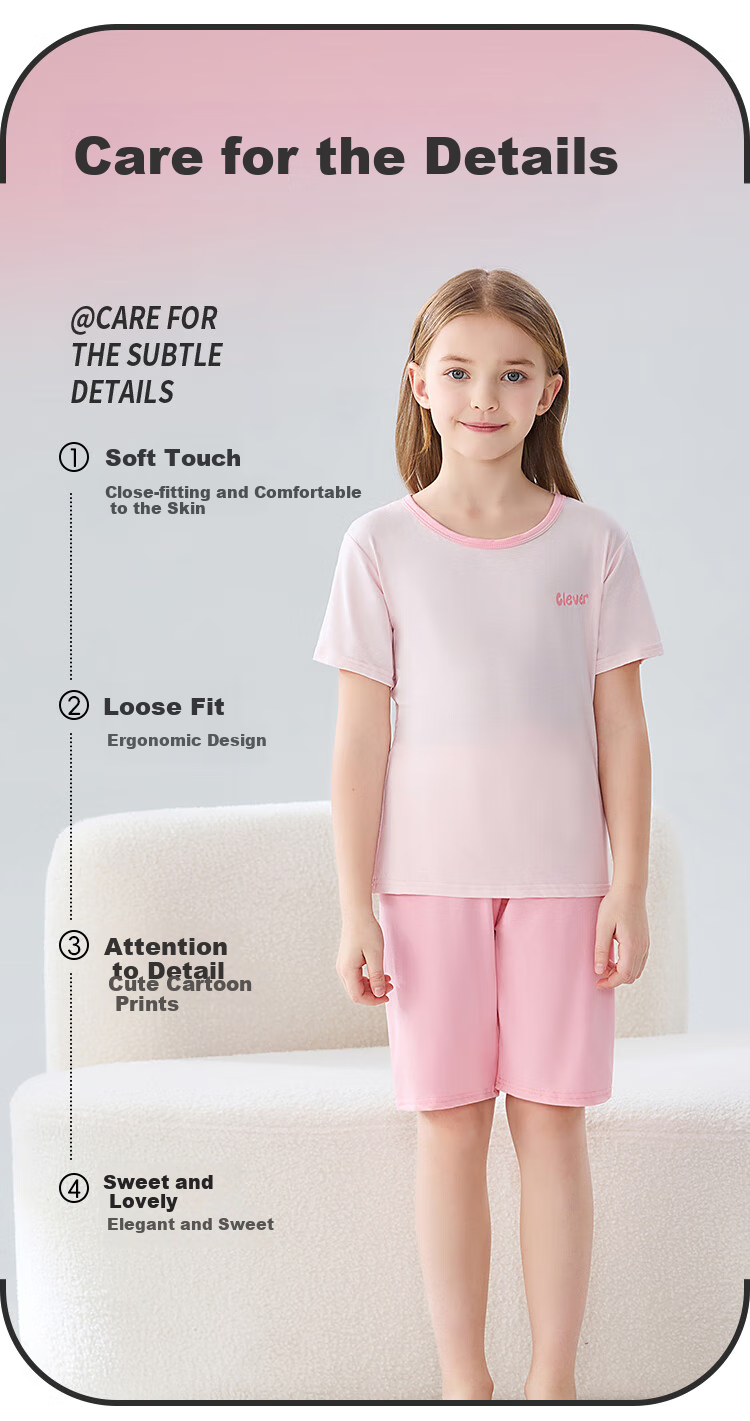 LangSha Children's Pajamas, Summer Girls' Short-Sleeve Thin Air Conditioning Wear, Big Kids Girls' Home Wear Set, Pink, Size 140 5