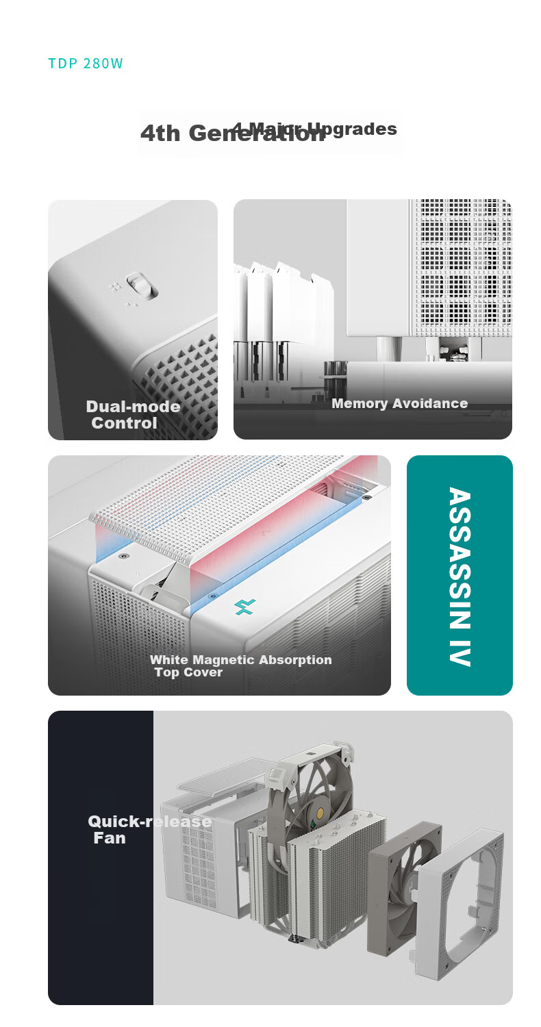 DEEPCOOL Assassin 4 White Air Cooler (7 Heat Pipes, 280W Dual-Mode Cooling, No RAM Obstruction, Magnetic Top Cover, ASSASSIN IV WH) 3