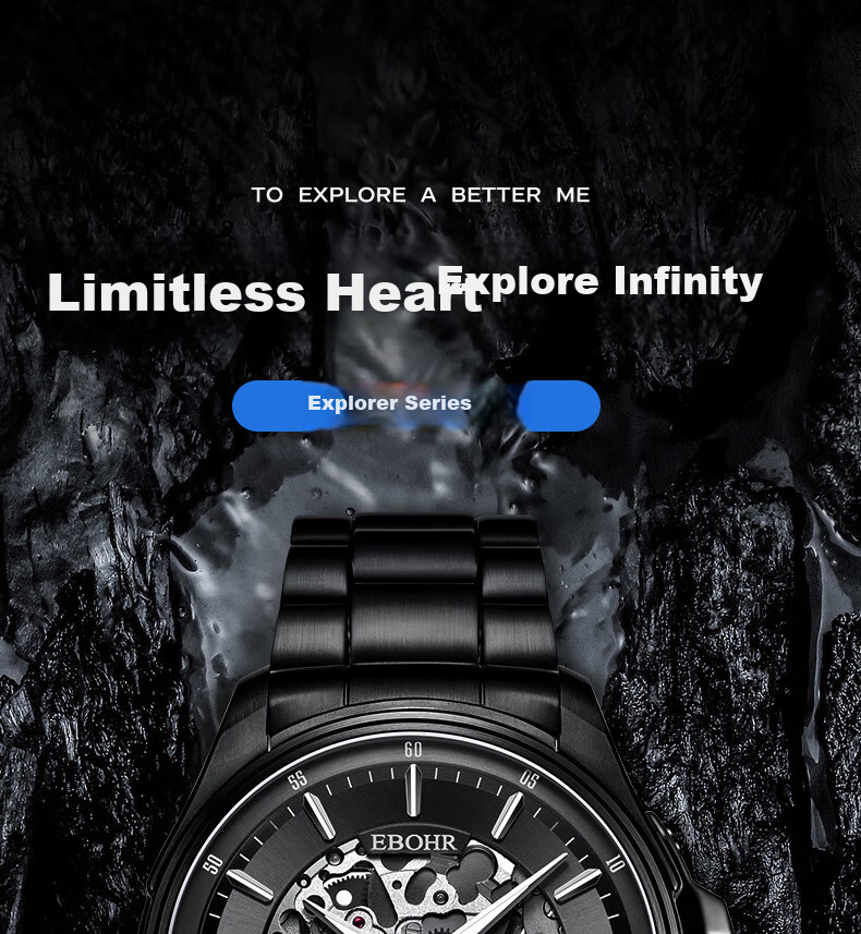 EBOHR Explorer Watch for Men, Glossy Black Skeleton Mechanical Watch, Birthday Gift for Men, Holiday Present, Model 51280215, Gift for Boyfriend 1