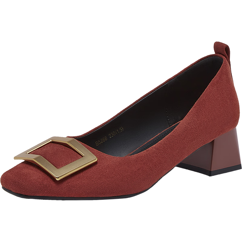 Basto 26 Spring Fabric Women's Shoes Simple Commuter Block Heel Square Toe Flats B5288AQ6 Red 37