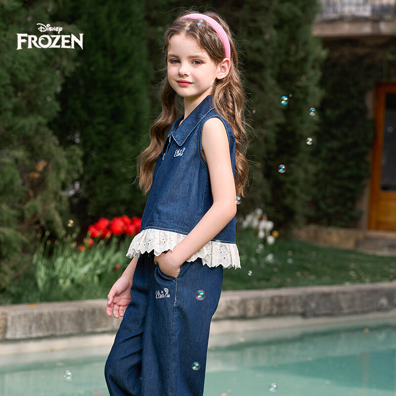 Disney Children's Summer Outfit, Girls' Summer Set 2026 New Style, Trendy Sleeveless Denim Top And Pants Two-Piece Set