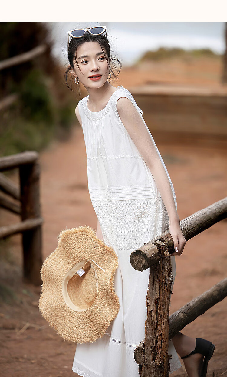 Demana [Yongbai Diao] Summer Lightweight 50s Cotton Poplin Embroidered Patchwork Ruched Tank Pleated Women's Dress 6