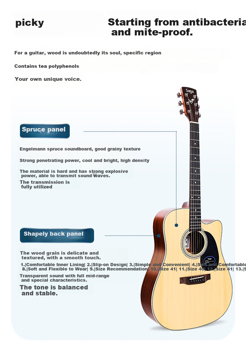 SAGA Guitar Solid Top SF800 Upgraded Version, Natural Wood Color, 41 Inches, Entry-Level Acoustic Guitar for Beginners, No Returns if You Can't Lear 12