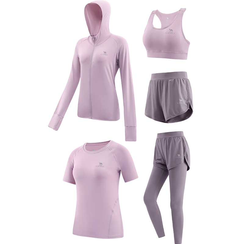 CAMEL Women's Sportswear Set, New Yoga Fitness Pilates Elastic Short-Sleeve Shorts And Pants Five-Piece Workout Outfit
