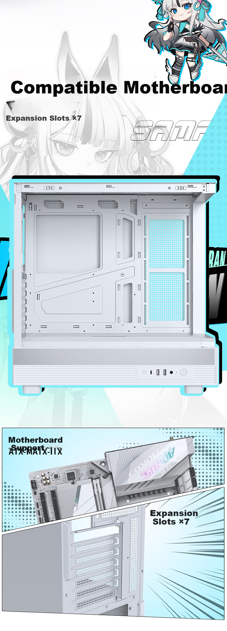 SAMA Jinghong Screen Version, White ATX Seaside View Gaming Computer Case, Hardware Status Display, 270° Panoramic View, Supports 360 Water Cooling, 9 Fan Positions, Type-C 6