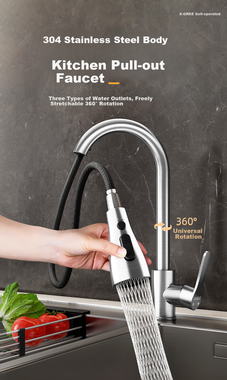X-GRKE [Germany] Kitchen Faucet with Hot And Cold Water, Pull-Out Design, 304 Stainless Steel Sink Tap GY2D 4