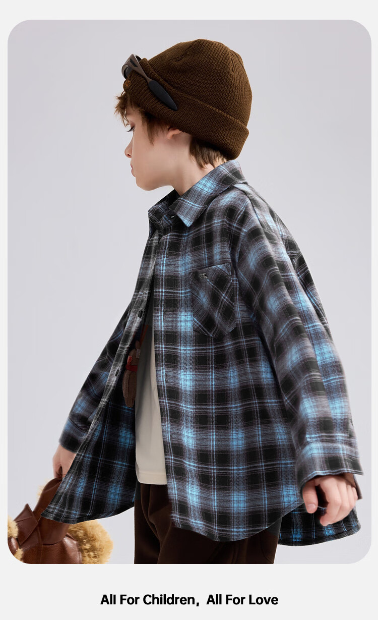 ASK JUNIOR Brushed Cotton Children's Shirt 2026 Spring Big Kids Plaid Contrast Collar Boys Jacket 11