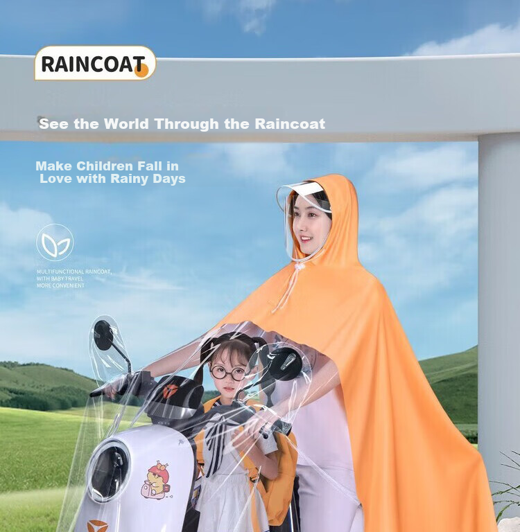 Geshu Parent-Child Raincoat, Electric Bike Two-Person Mother-Son Long Style, Full-Body Protection against Heavy Rain, for Men And Children, Cycling Poncho 1