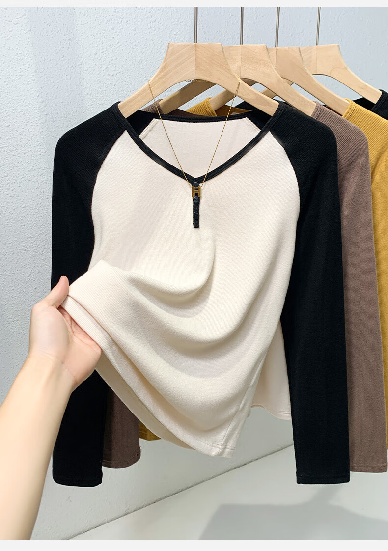 MiiOW Long-Sleeve T-Shirt Base Layer for Women, 2025 New Arrival, Early Autumn And Winter V-Neck Color Block Raglan Slimming Top 7