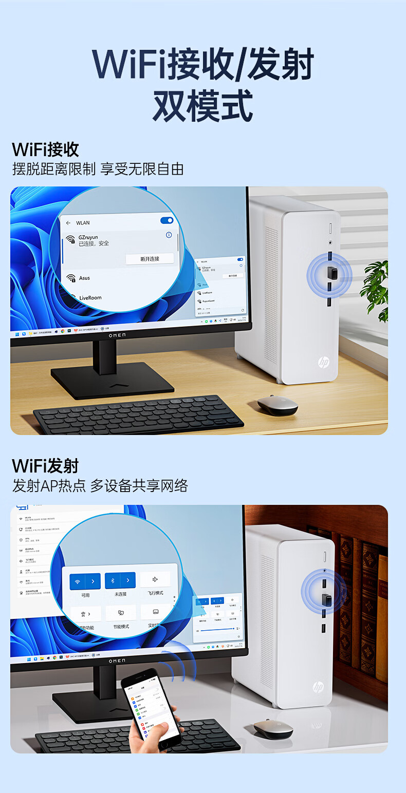 HP USB Wireless Adapter AX900 Bluetooth Receiver 5.4 Dual-Band 5G WiFi Transmitter Wireless Bluetooth 2-in-1 for Desktop and Laptop 1