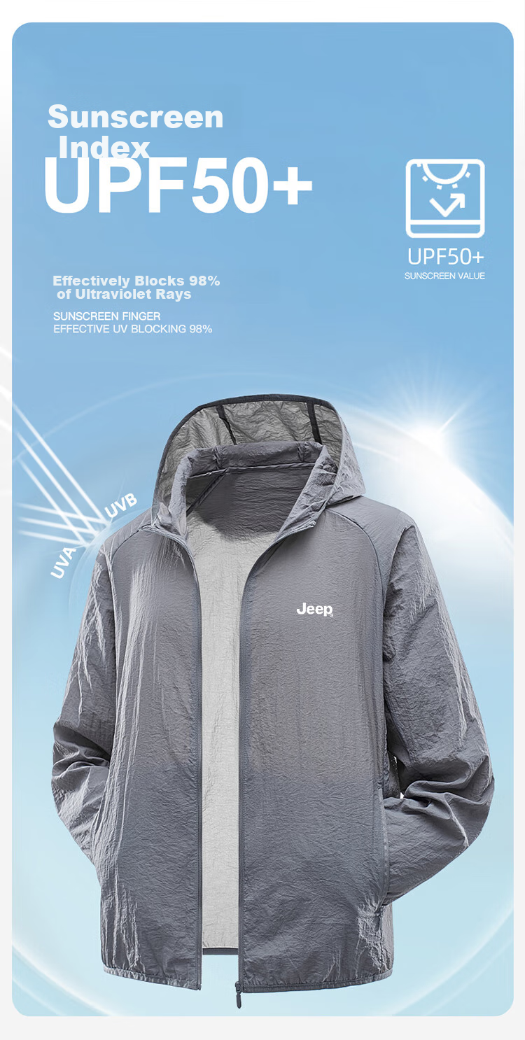 JEEP [UPF50+] Sun Protection Clothing for Men, Summer Ice Silk Breathable Quick-Dry Jacket, Men's Wear 1899, Light Gray, 4XL 3