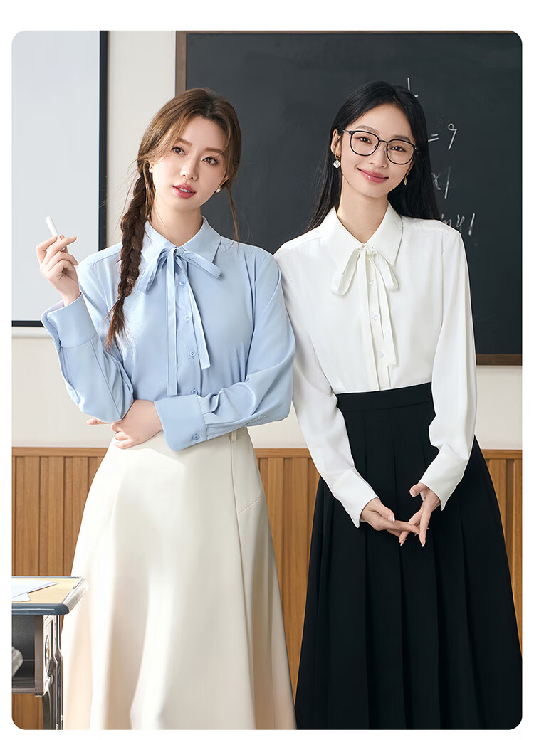 Miss Bird Blue Shirt Women's Petite Bow Tie Blouse Professional College Student Interview Formal Commuter Top 10