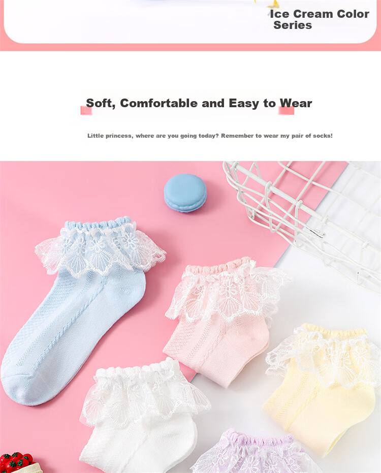 LangSha Children's Socks, Girls' Summer Thin Lace-Trimmed Dance Socks, Cute Versatile Princess Socks, White, 5 Pairs 2