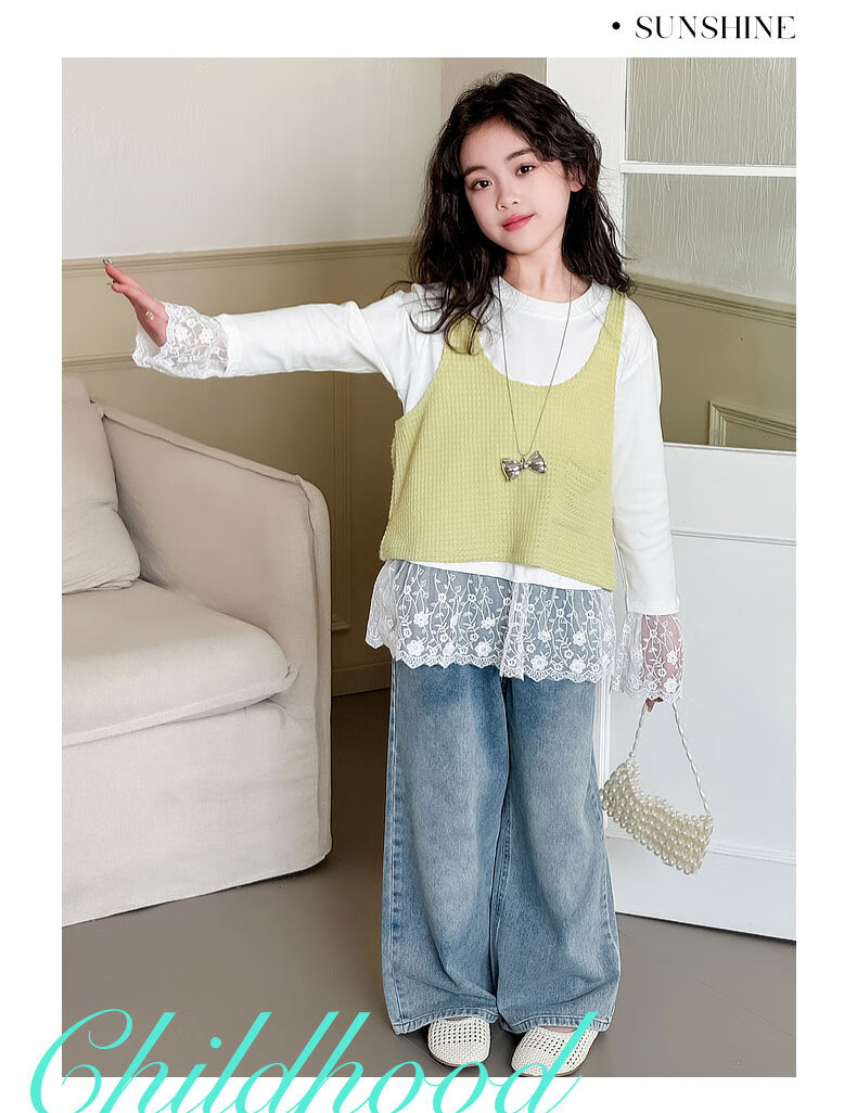 Fulomi Girls' Spring Autumn Korean Style Sweet Lace T-Shirt Knit Vest Denim Pants Three-Piece Set Yellow 150 4