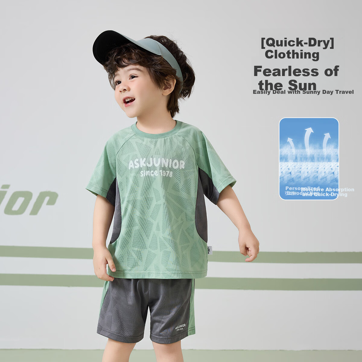 ASK JUNIOR Kids Set 26 Summer Toddler Moisture-Wicking Breathable Short Sleeve T-Shirt and Sports Shorts Two-Piece Boys Green 120 4