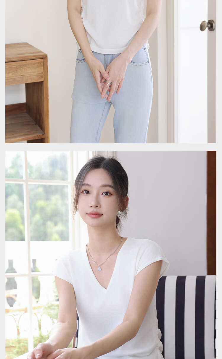Langsha Women's Striped Short Sleeve T-Shirt Summer New Slim V-Neck Drawstring Top Simple Fashion Ice Silk Knitwear 9