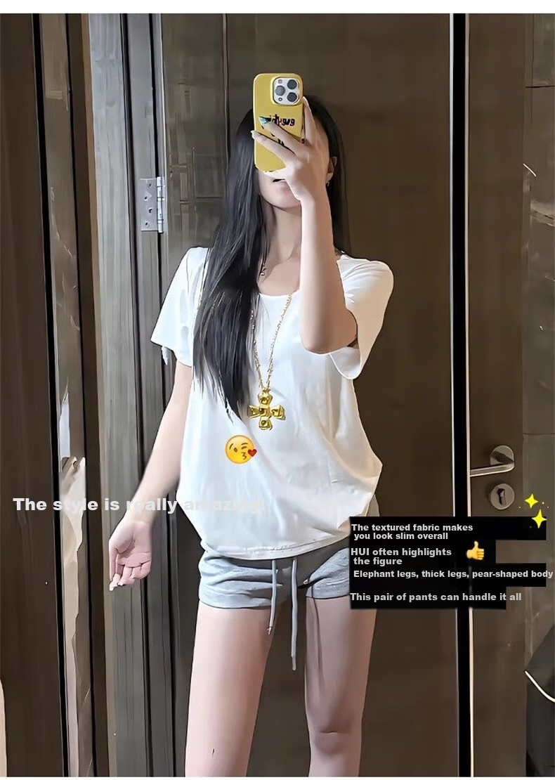 Langsha Women's Sports Shorts 2026 New American Slimming Three-Quarter Casual Drawstring High-Waist A-Line Hot Pants 3