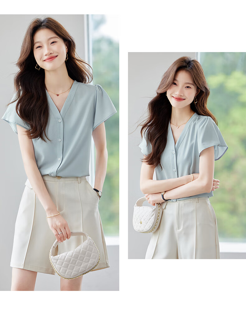 Jeanswest Women's Shirt 2026 Summer Short Sleeve Elegant Versatile Fashion V-Neck Solid Color Top Blue L 11