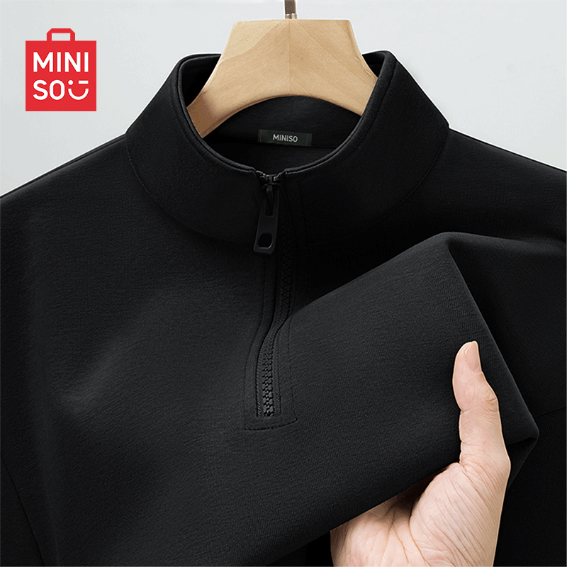 MINISO Half-Zip Sweatshirt for Men, Heavyweight Stiff Spring New Trendy Stand-Collar Loose Jacket, Black L