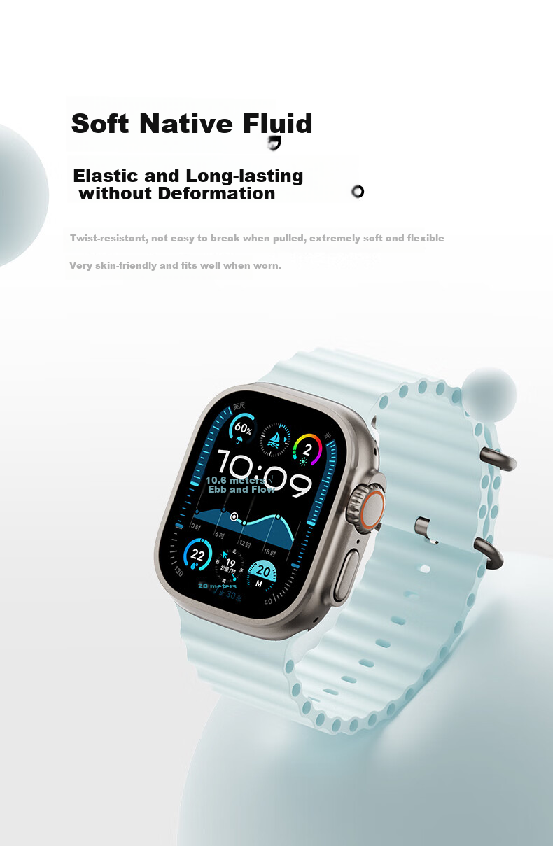W&P New Apple Watch Band Compatible with Apple Watch Ultra 3/2, Ocean Silicone Double Buckle Loop Band for IWatch S11/10/9/8/SE, Midnight Color, Size 45 8