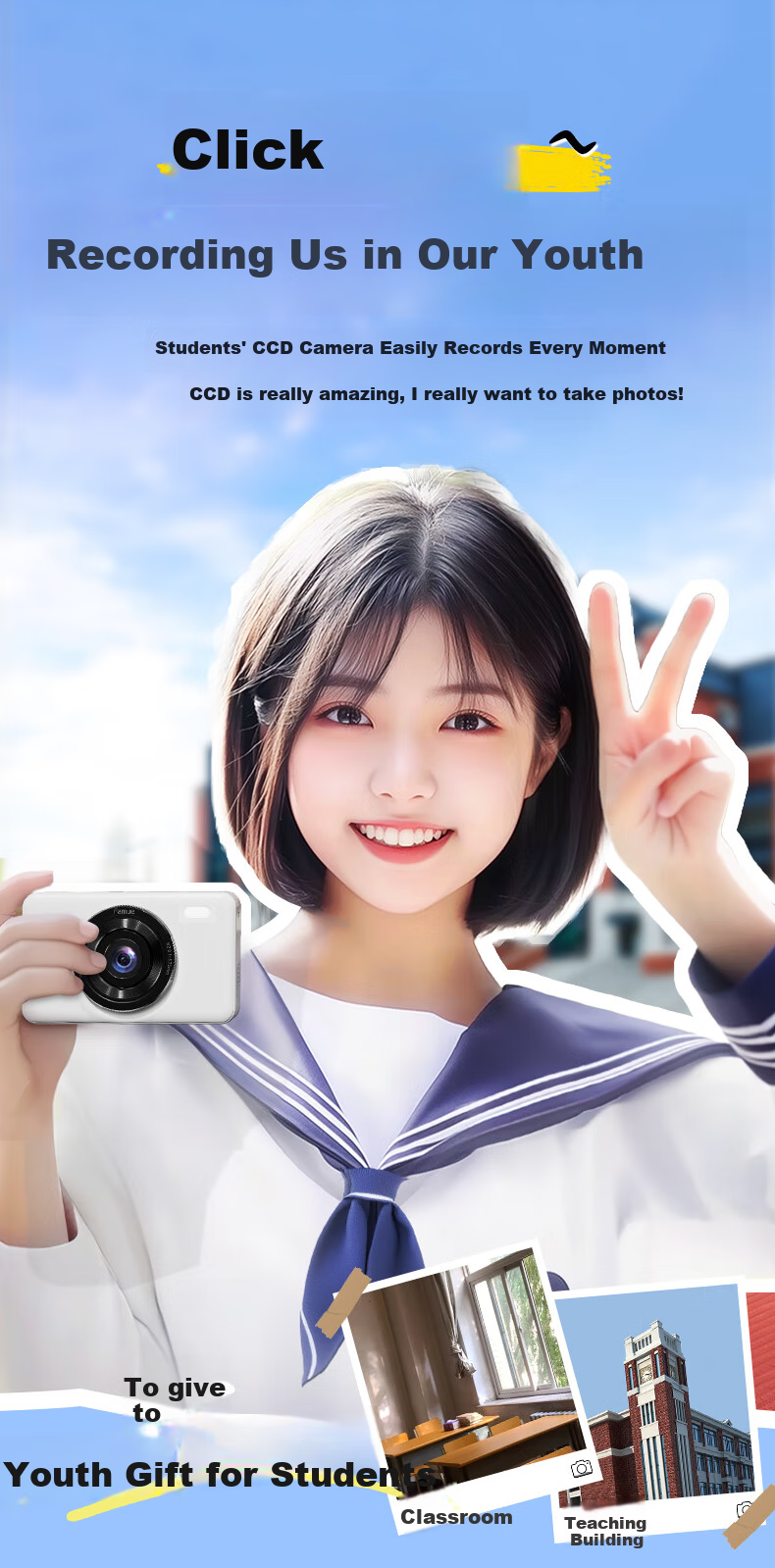 FAMUE Student CCD Camera with Front And Rear Dual Digital Cameras, Campus Retro Mini Alternative, High-Definition Vlog Camera Card That Can Transfer to Phone, Gift for Girlfriend, 32GB 1