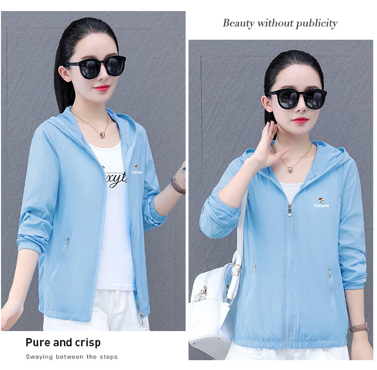 Woodpecker Women's Ice Silk Sun Protection Jacket Summer Hooded Breathable UV Protection Outdoor Sunscreen Coat Blue L 21