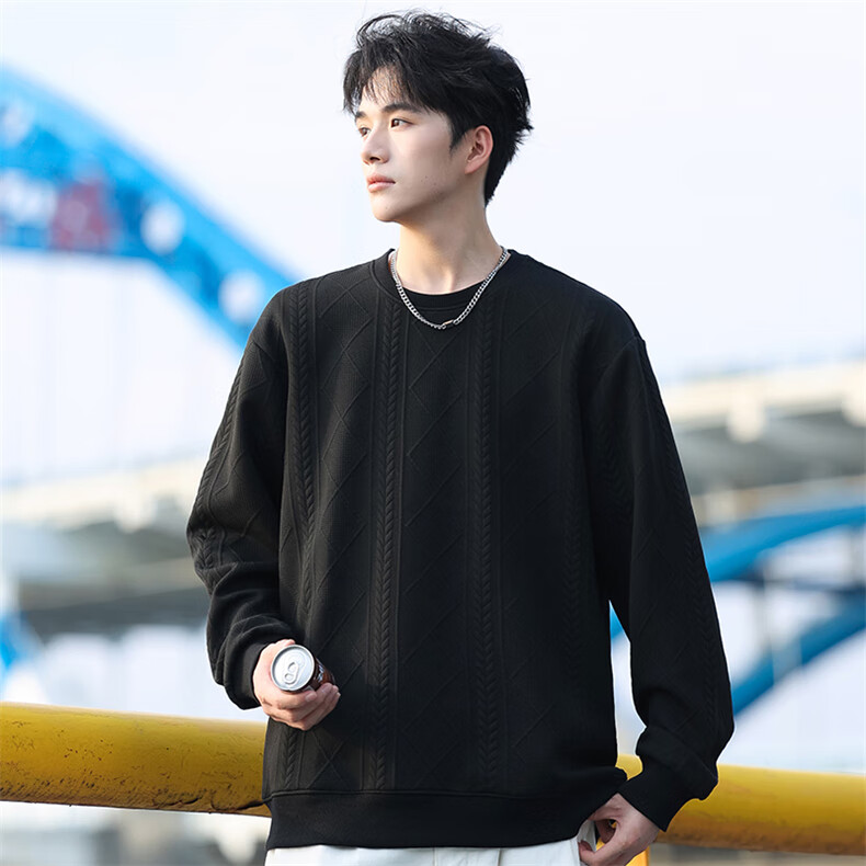 Huili Men's Sweatshirt, Round Neck Long Sleeve T-Shirt, Autumn American Trendy Casual Sports Jacquard Men's Sweatshirt, Black, 2XL 10