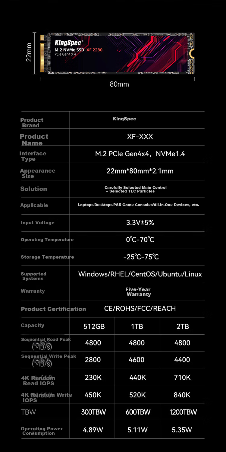 KingSpec 1TB SSD M.2 Interface NVMe PCIe 4.0, Selected TLC NAND, Read Speed 4800MB/s, Compatible with Desktop And Laptop, AI PC Storage Accessory 5